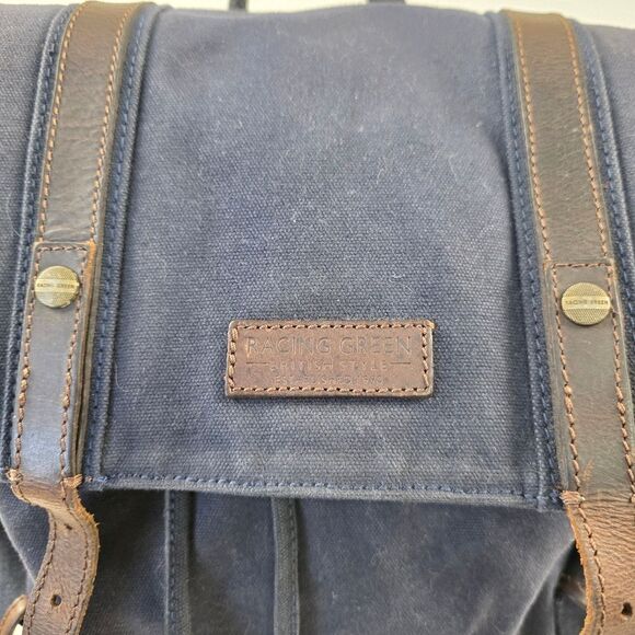 Racing Green British Style Navy Canvas Backpack Leather Trim 17"x12"x6" - Picture 2 of 11